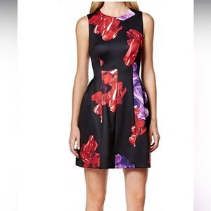 CALVIN KLEIN Black Floral Print Cocktail Scuba Dress Sleeveless Knee Length 12